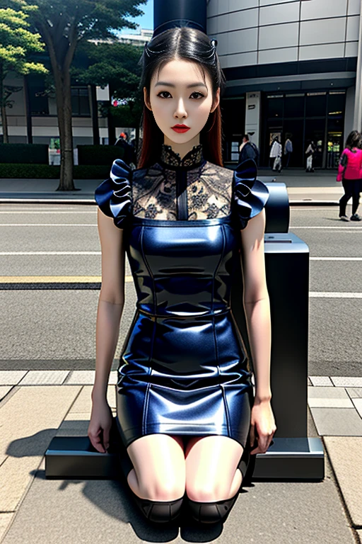 masterpiece,best quality, intricate details, extremely detailed, full body, 1girl, a Japanese mature, wearing a dress,bdsm,bdsm pissoir,outdoors, in street, pale skin, detailed face, detailed eyes, sophisticated nose,