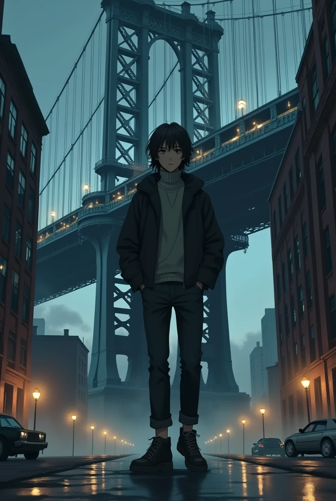 The image is anime style cowboy bebop and Darker than black with shadows and dim lights, anime style although somewhat adult and dark, It shows only one character, a 2 young man with black eyes., has medium-long hair, He is very serious and wears a thick sweater and pants., as well as black sneakers. He has his hands in the pockets of his jacket.. is stopped. Behind him, You see a huge city with a huge bridge that goes to the sky.