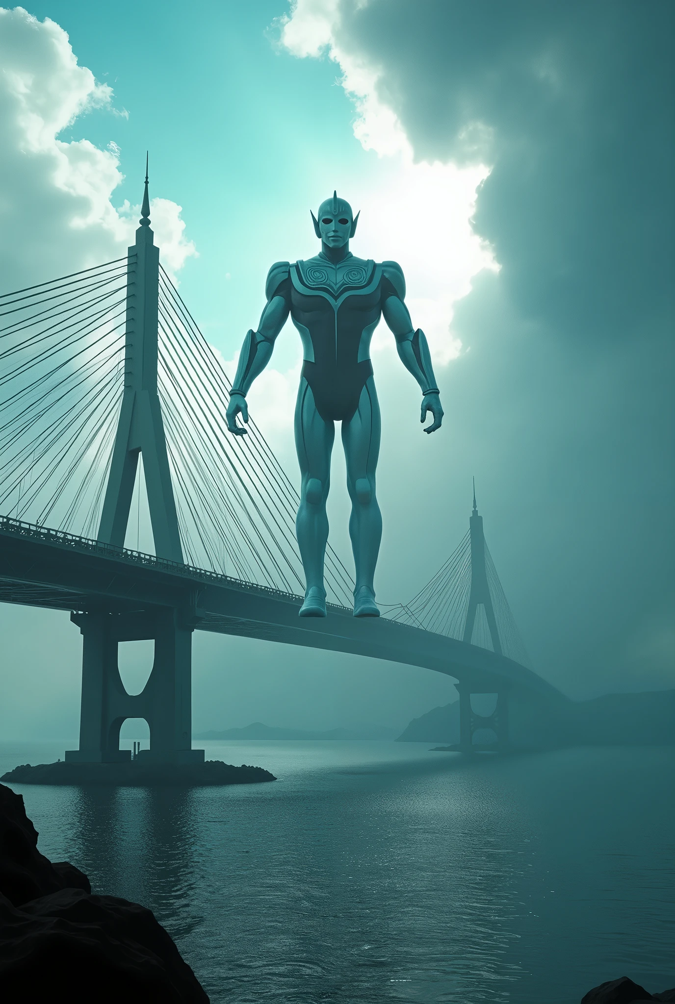 a dramatic scene of the. Pulau pinang iconic bridge., viewed from the road, with ultraman hovering over the structure, (best quality,4k,8k,highres,masterpiece:1.2),ultra-detailed,(realistic,photorealistic,photo-realistic:1.37),dramatic lighting,cinematic composition,epic scale,mist,dramatic sky,azure water,dramatic clouds,detailed architecture,metallic bridge,ultraman flying,ultraman floating,ultraman silhouette,ultraman pose,ultraman details,ultraman energy,ultraman power