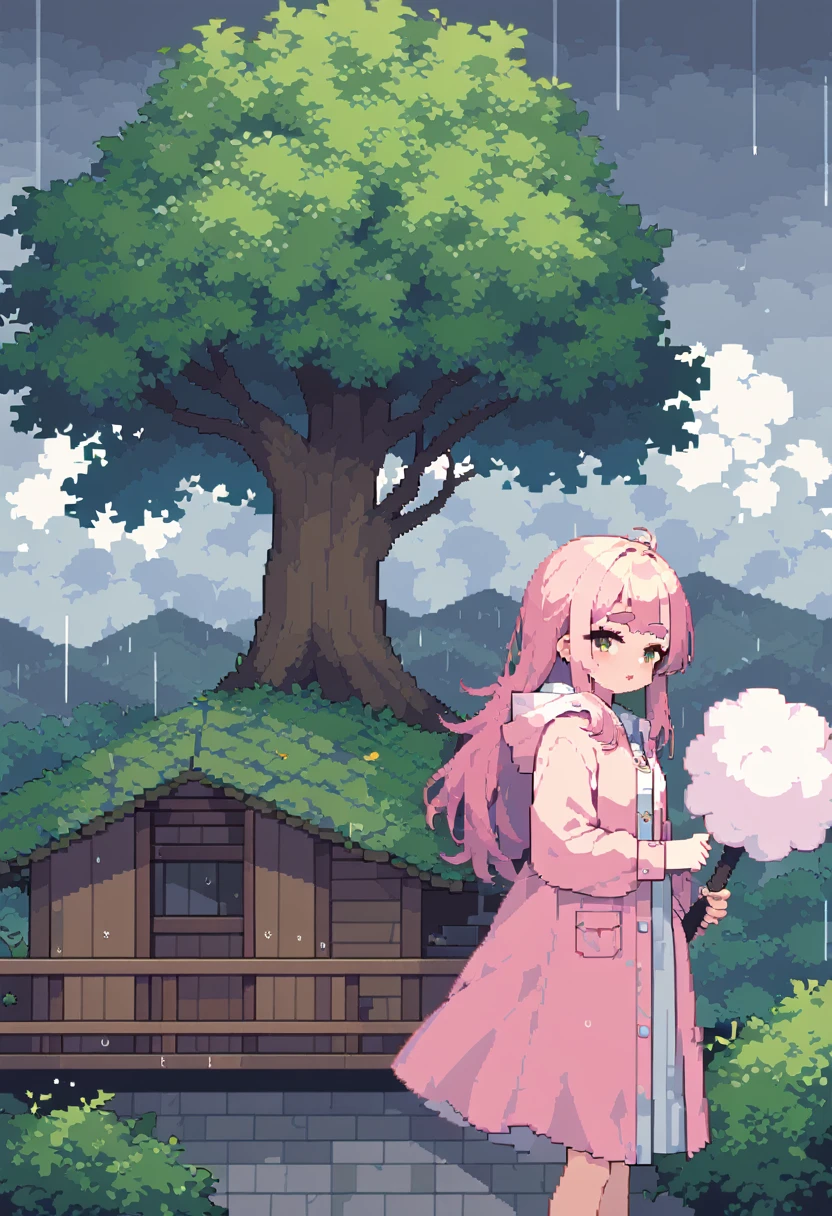 (((Highest quality, 8k, masterpiece: 1.3)), Beautiful pixel art, \One Woman, Pink Hair, Long Hair, Cotton candy hair, Fluffy hair, Thick eyebrows, Pink dress, Wearing a light blue raincoat, nail wooden boards to the windows of a house, With a hammer, Rainy Sky, Overcast sky, Strong winds, The leaves are waiting, Trees, The tree is leaning at an angle due to the wind, typhoon, Prairie House\