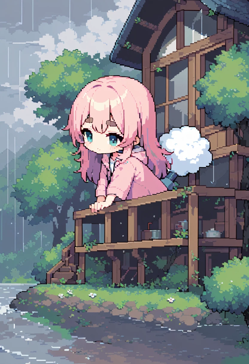 (((Highest quality, 8k, masterpiece: 1.3)), Beautiful pixel art, \One Woman, Pink Hair, Long Hair, Cotton candy hair, Fluffy hair, Thick eyebrows, Pink dress, Wearing a light blue raincoat, nail wooden boards to the windows of a house, With a hammer, Rainy Sky, Overcast sky, Strong winds, The leaves are waiting, Trees, The tree is leaning at an angle due to the wind, typhoon, Prairie House\