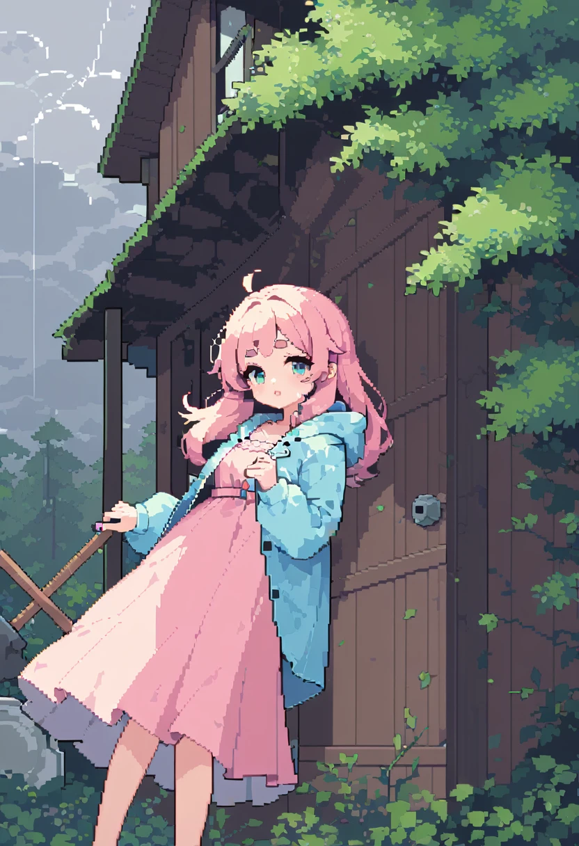 (((Highest quality, 8k, masterpiece: 1.3)), Beautiful pixel art, \One Woman, Pink Hair, Long Hair, Cotton candy hair, Fluffy hair, Thick eyebrows, Pink dress, Wearing a light blue raincoat, nail wooden boards to the windows of a house, With a hammer, Rainy Sky, Overcast sky, Strong winds, The leaves are waiting, Trees, The tree is leaning at an angle due to the wind, typhoon, Prairie House\
