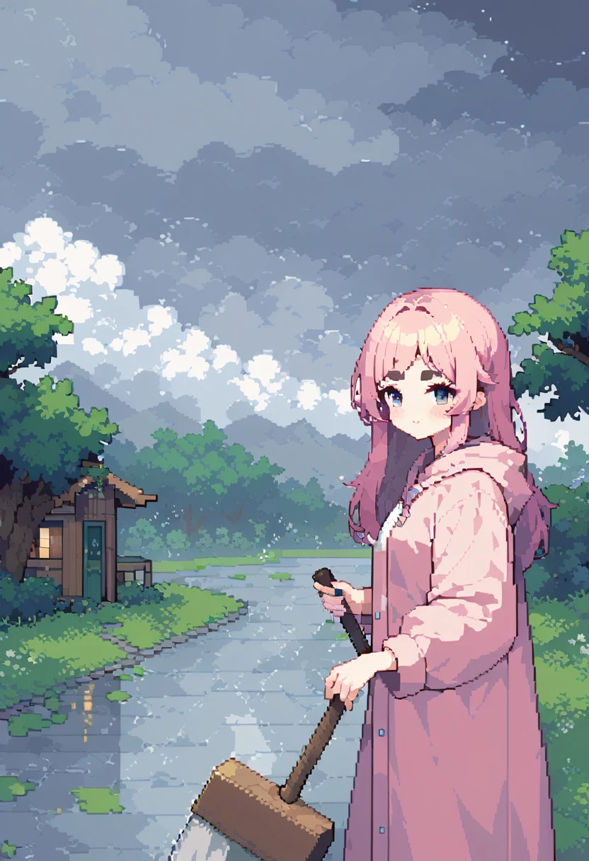(((Highest quality, 8k, masterpiece: 1.3)), Beautiful pixel art, \One Woman, Pink Hair, Long Hair, Cotton candy hair, Fluffy hair, Thick eyebrows, Pink dress, Wearing a light blue raincoat, nail wooden boards to the windows of a house, With a hammer, Rainy Sky, Overcast sky, Strong winds, The leaves are waiting, Trees, The tree is leaning at an angle due to the wind, typhoon, Prairie House\
