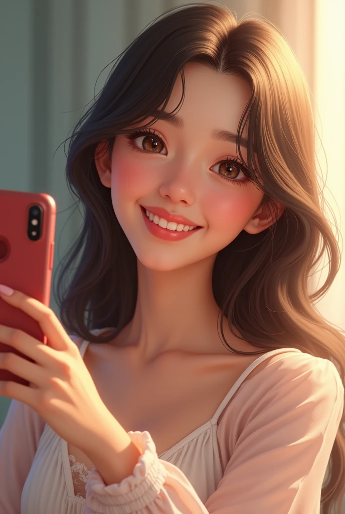 Generate an ultra-realistic illustration of a breathtakingly beautiful young woman taking a selfie, capturing the perfect moment. The character is a stunning beauty with flawless, porcelain-like skin that radiates a soft glow. She has long, silky, and lustrous hair cascading down her shoulders, with a few strands playfully framing her face. Her eyes are large, vibrant, and filled with joy, sparkling with a lively expression as she gazes directly at the camera. The smile on her lips is warm and enchanting, showing a slight blush on her cheeks, giving her an adorable and innocent look. She is holding a smartphone in her hand, positioned slightly above her head, as she tilts her head slightly for the perfect angle. The background is softly blurred, focusing attention on her beauty, with natural light enhancing the overall warmth and brightness of the scene. The image should capture the essence of a ‘miraculous selfie,’ emphasizing the character’s radiant beauty, perfect pose, and joyful expression.