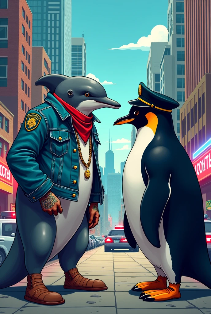 A drawing of a cholo dolphin and a police penguin in Chicago