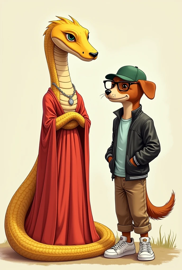 2D Hand draw dinda and leon are firends. dinda is a beautiful, big, long, old, yellow, snake. she is wearing an expensive, elegant, long, new, red dress. she is also wearing a nice, unique, silver, necklace. leon is a handsome, cute, small, young, brown dog. he is wearing light blue tshirt, brown pants, black leather jacket, green cap and expensive glasses. he is also wearing white sport shoes.