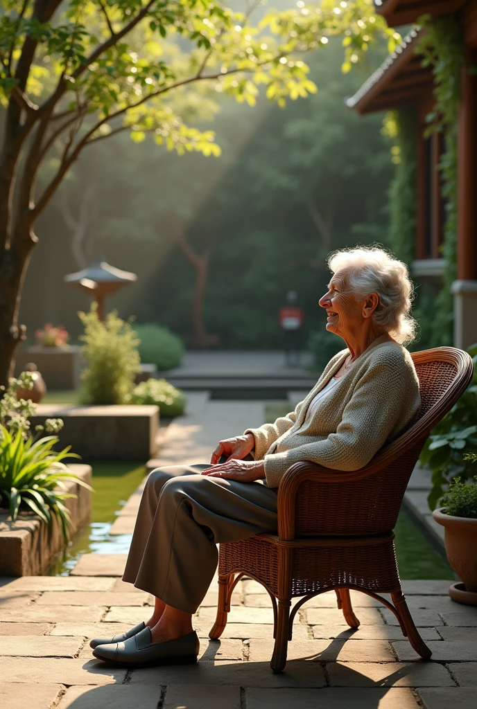 A old lady sitting in her house courtyard in realistic style