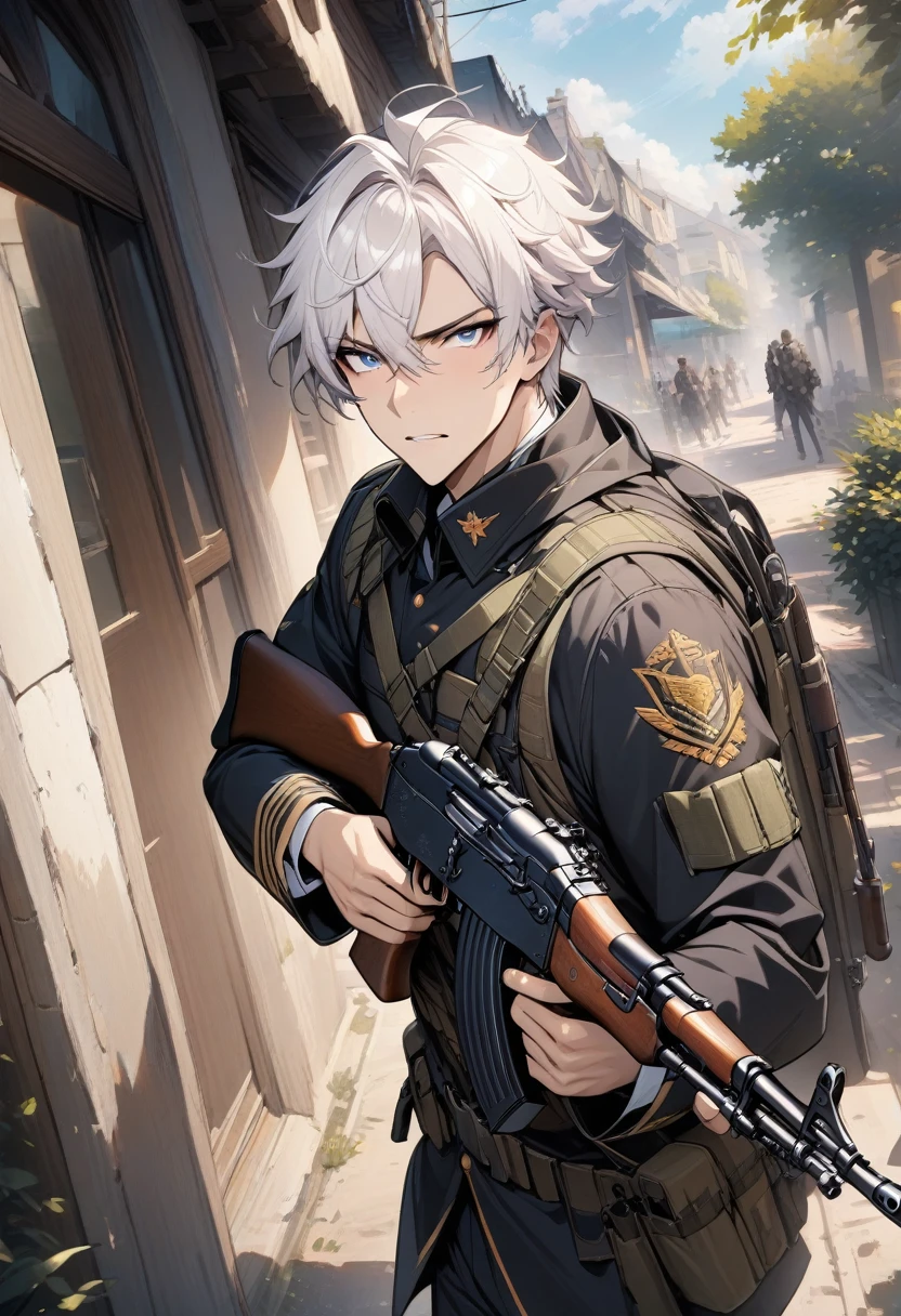 masterpiece, best quality, 1 boy, Cowboy shooting, exquisite eyes, Uniform, AK 47, AKM, Kalashnikov_rifle, assault_rifle, Keep_gun white hair