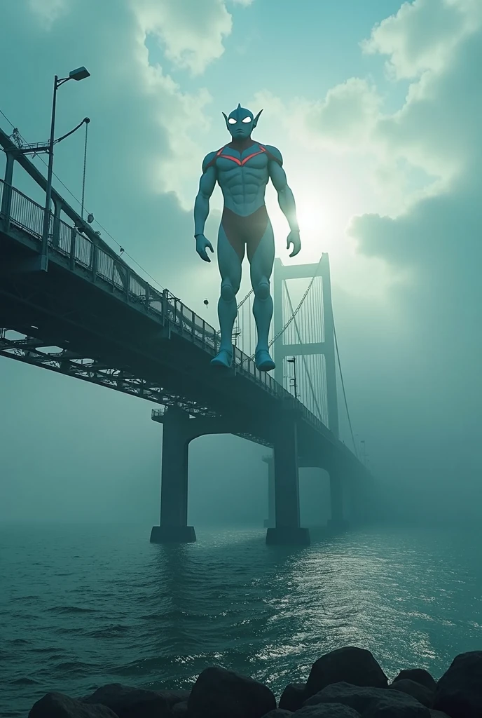 a dramatic scene of the. Pulau pinang iconic bridge., viewed from the road, with ultraman hovering over the structure, (best quality,4k,8k,highres,masterpiece:1.2),ultra-detailed,(realistic,photorealistic,photo-realistic:1.37),dramatic lighting,cinematic composition,epic scale,mist,dramatic sky,azure water,dramatic clouds,detailed architecture,metallic bridge,ultraman flying,ultraman floating,ultraman silhouette,ultraman pose,ultraman details,ultraman energy,ultraman power