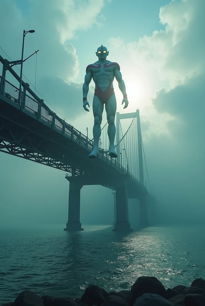 a dramatic scene of the. Pulau pinang iconic bridge., viewed from the road, with ultraman hovering over the structure, (best quality,4k,8k,highres,masterpiece:1.2),ultra-detailed,(realistic,photorealistic,photo-realistic:1.37),dramatic lighting,cinematic composition,epic scale,mist,dramatic sky,azure water,dramatic clouds,detailed architecture,metallic bridge,ultraman flying,ultraman floating,ultraman silhouette,ultraman pose,ultraman details,ultraman energy,ultraman power