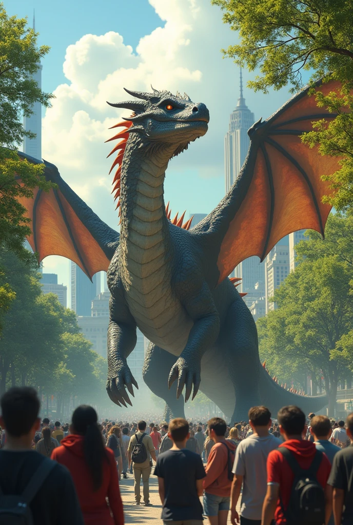 Scene: The dragon lands in a park, where it encounters curious and amazed city dwellers.
Description: The dragon in ultra-realistic HD, standing amidst amazed onlookers in a city park, with greenery contrasting with its ancient appearance.