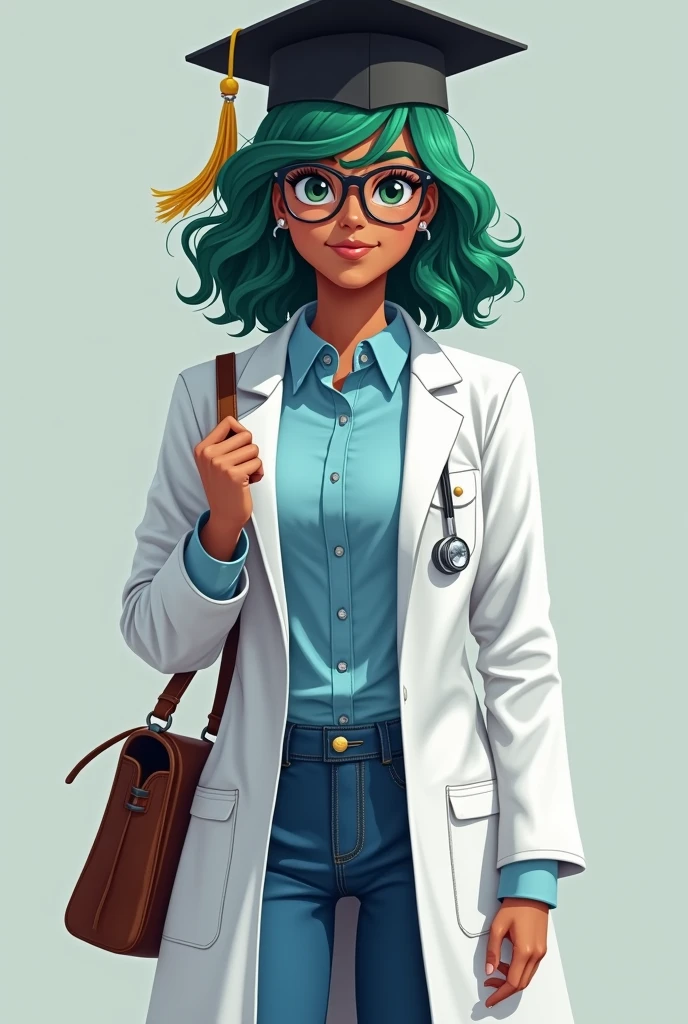 A girl with green hair dark brown skin wear a blue plain shirt and blue jeans on top of it she is wearing doctors white coat, she has a diamond ring she wears a graduation hat and glasses with brown handbag