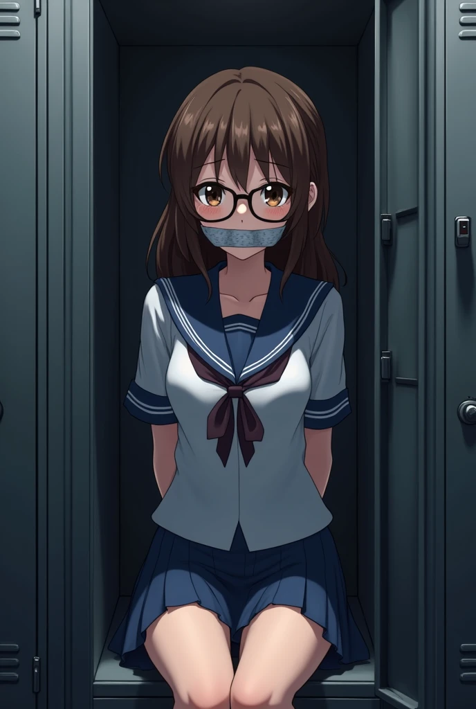 anna yanami, anime picture best quality, ultra-detailed, high resolution, extremely detailed cg, unity 8k wallpaper, masterpiece, perfect skinny body, anime picture, femsub, BDSM, shibari, bound, gag, gagged, tape, tape gag, teary-eyed, school uniform, storeroom, sitting inside steel locker, Tape Gag, brown hair, brown eyes, long hair, wavy hair, small breasts, black eye glasses, arms behind back, tied up wrist together behind her back, school uniform, short sleeves, blue skirt, bracing,