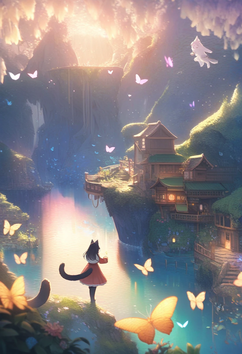 ((Masterpiece)), ((Best Quality)), (Very Detailed), ((Very Detailed)), 4K, (8K), very aesthetic, absurdres highres, 1 woman, (anthropomorphic cat, furry, kemono:1.5), On an island floating in the sky, a fluffy cat plays with mysterious butterflies while being illuminated by soft light, and a fantasy world with floating clocks and melting landscapes spreads out.
