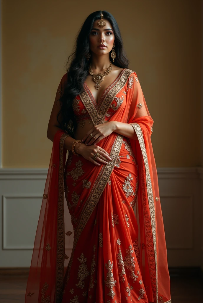 a beautiful white swedish girl, traditional indian clothes and makeup, 6 feet tall, long heels, fit figure, round bust slim waist thick hips, full body portrait, (best quality,8k,highres,masterpiece:1.2),ultra-detailed,(realistic,photorealistic,photo-realistic:1.37),intricate details, vivid colors, warm lighting, cinematic, dramatic lighting, fashion photography