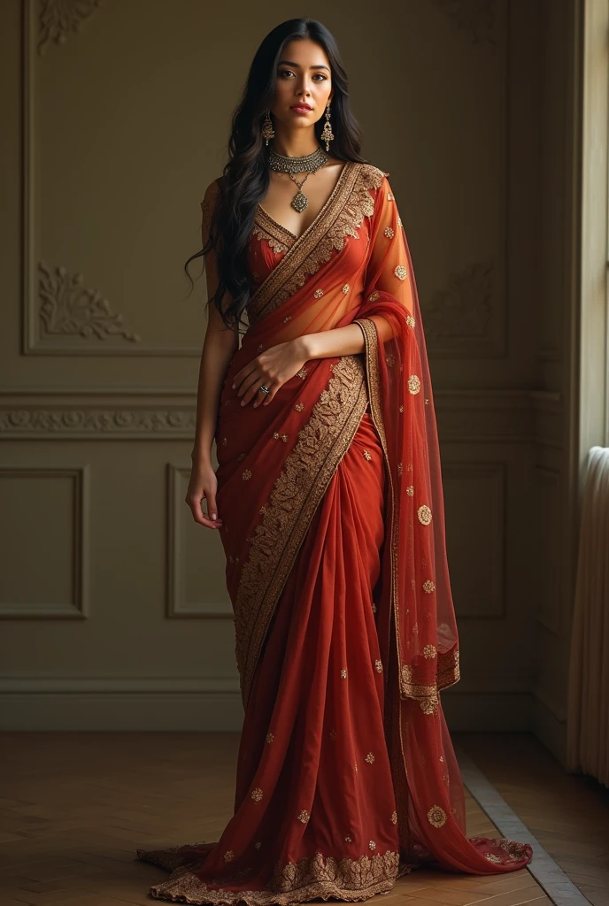 a beautiful white swedish girl, traditional indian clothes and makeup, 6 feet tall, long heels, fit figure, round bust slim waist thick hips, full body portrait, (best quality,8k,highres,masterpiece:1.2),ultra-detailed,(realistic,photorealistic,photo-realistic:1.37),intricate details, vivid colors, warm lighting, cinematic, dramatic lighting, fashion photography