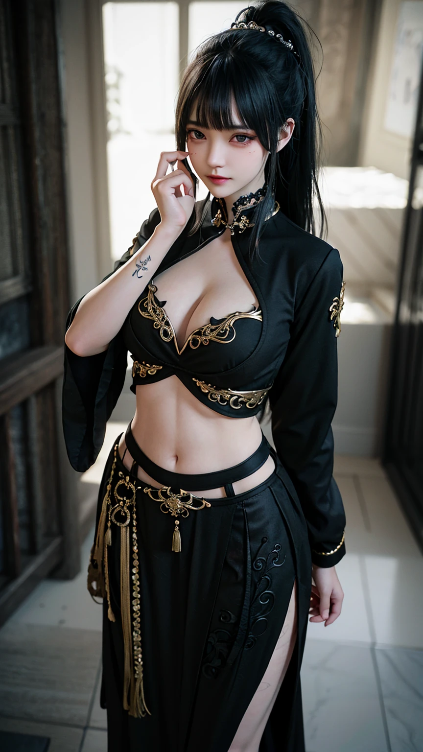 (masterpiece, top quality, best quality),(((realistic))),(3d:1.2) korean girl,wuxia,pale skin, 1girl, dyed black-pink hair,,absurdly long hair,ponytail, straight hair, sidelocks, gradient hair, asymmetrical hair, bangs, smug, glaring, gold eyes,eyeliner,{{best quality, very aesthetic, intricate details}}, long eyelashes, thick eyelashes,black eyeshadow, thick brows, {{{thick thighs}}}, {{long legs}}, {{{very enormous }}}, {{{curvy female}}}, {{{{narrow waist}}}}, {{{wide hips}}}, {{huge ass}}, k, goth, black chinese clothes,ancient clothes, cleavage, ailed face}}}}}, {black nails}, toned female, abs, 超High resolution,Textured skin, Super detailed, Detailed, high quality, 最high quality, High resolution, 4K, gigantic breasts, spilling