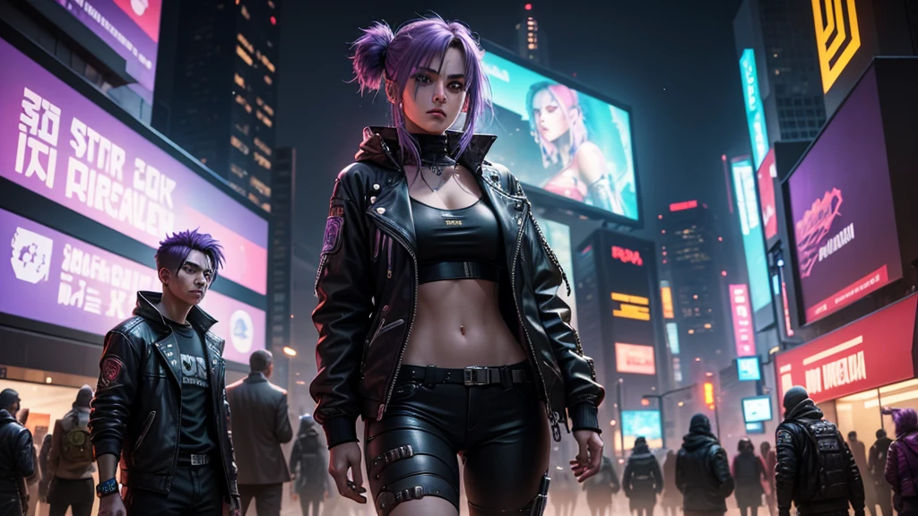 [Ultra-realistic][Cyberpunk-style] Ultra-realistic images of reality. Cyberpunk-style world. The protagonists win in battle royale or PVP and are excited to the max. Images of partygoers. The protagonist is a super beautiful woman with purple hair. Her companions are a vicious bear, a vicious rabbit, a golden-haired monkey, and cyberpunk-style cyborgs. The other characters are cyberpunk-style cyborgs. Created with a super-realistic feel like in the movies.