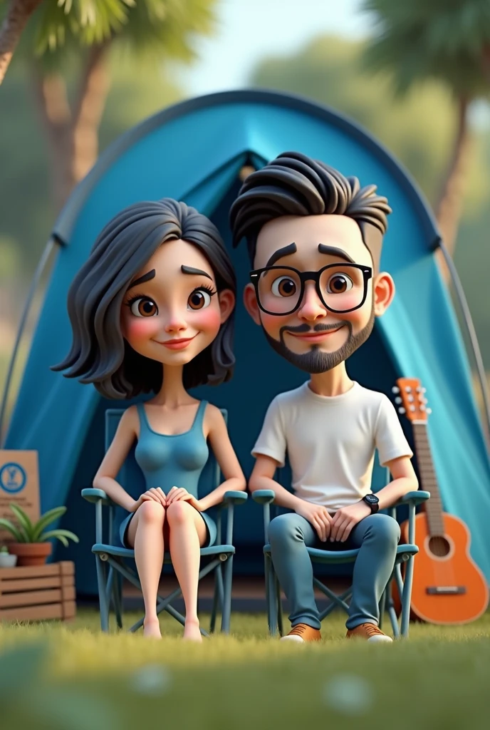 realistic 3d caricature. big head. a handsome man wearing glasses and a beautiful woman wearing a veil. 2. tall, slightly thin body, oval face shape. chin slightly oval. slightly round eyes, white skin, faint smile. stylish man with neat black hair, wearing a white t-shirt, black watch. veiled woman, wearing blue clothes. sitting in a folding chair in front of a blue camping tent. Camping sign in the background, with a brown guitar leaning against the tent. Soft photography with sufficient lighting. Photos with very high detail