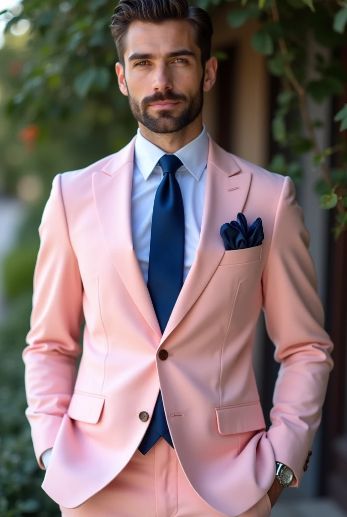 soft pink suit and deep blue tie and handkerchief.