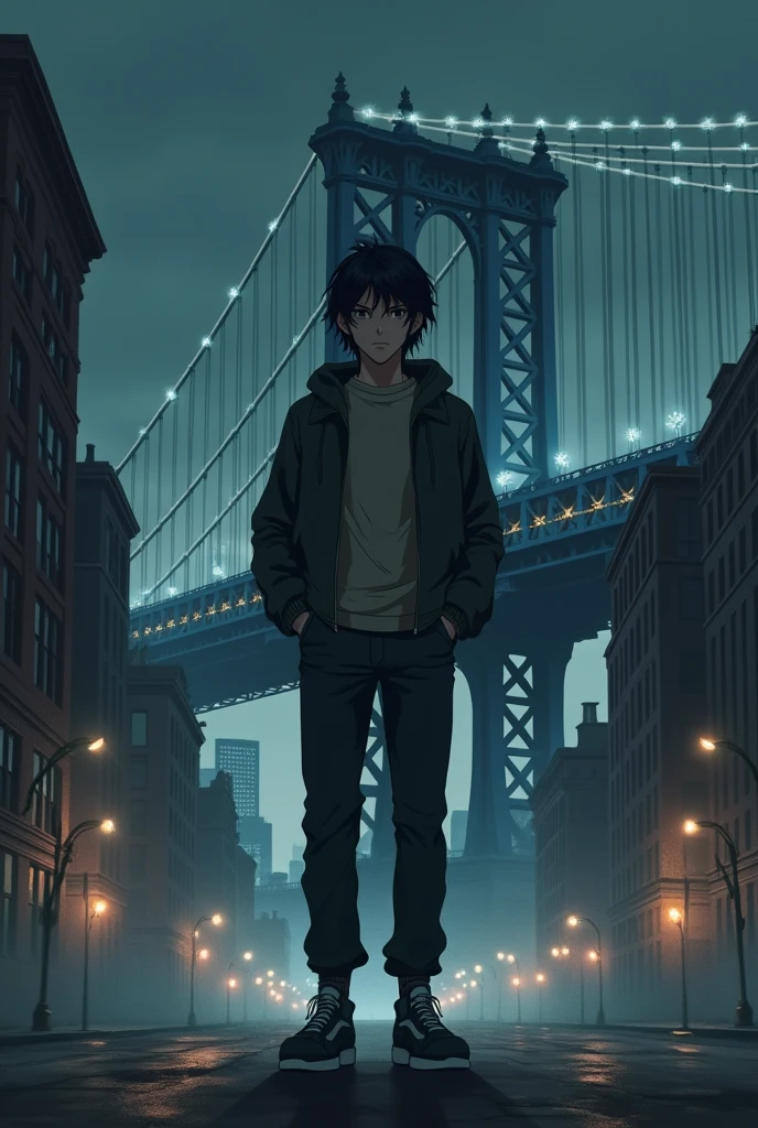 The image is anime style cowboy bebop and Darker than black with shadows and dim lights, anime style although somewhat adult and dark, It shows only one character, a 2 young man with black eyes., has medium-long hair, He is very serious and wears a thick sweater and pants., as well as black sneakers. He has his hands in the pockets of his jacket.. is stopped. Behind him, You see a huge city with a huge bridge that goes to the sky.