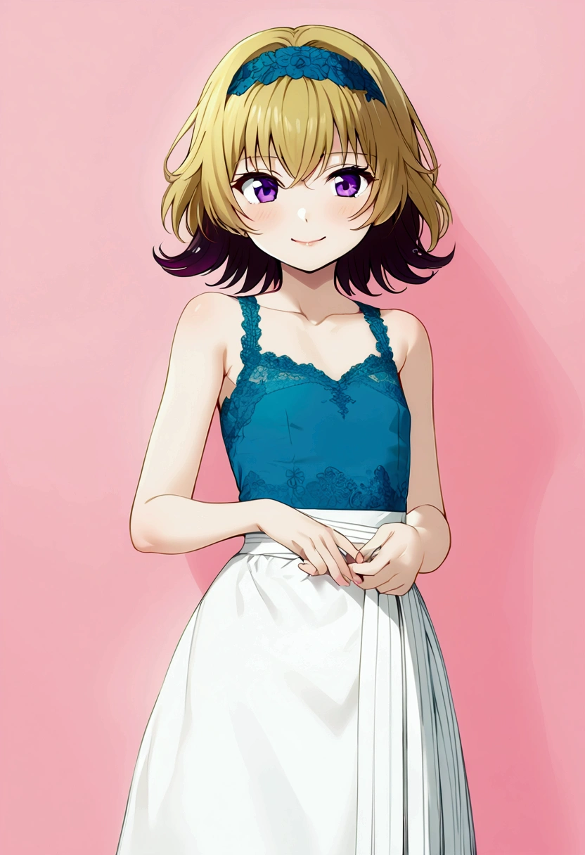 houjou_Satoko, 1 female, alone, Yellow Hair, blonde, Purple eyes, short hair, hair band, Flat Chest,