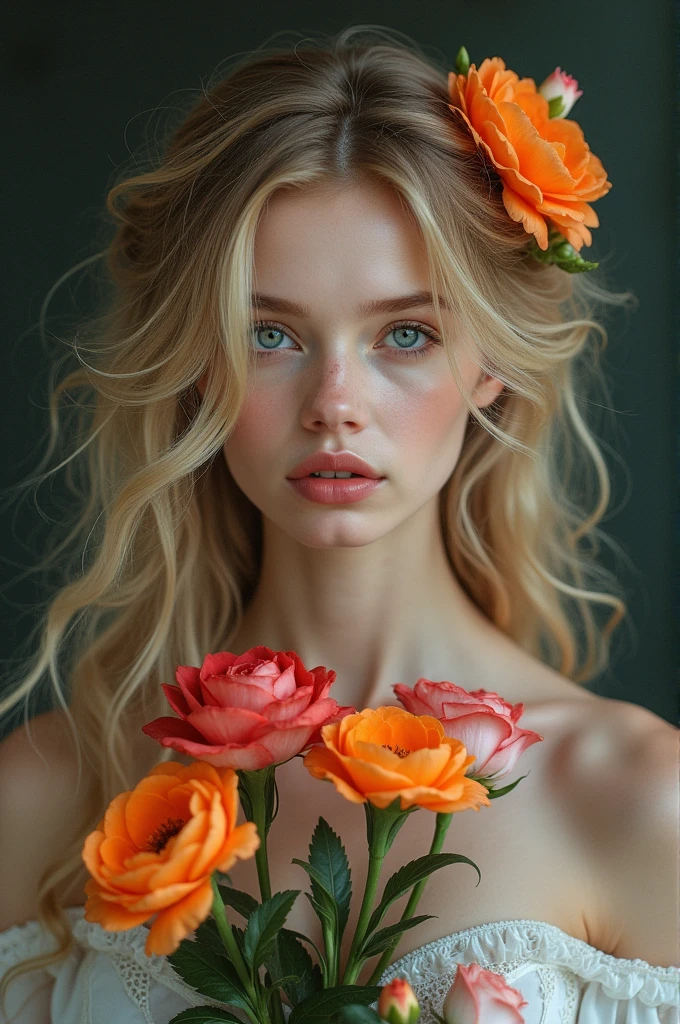 Blonde deep black hair, long blue dress bright skin, blue eyes, in hand some flowers, on hair some flowers 