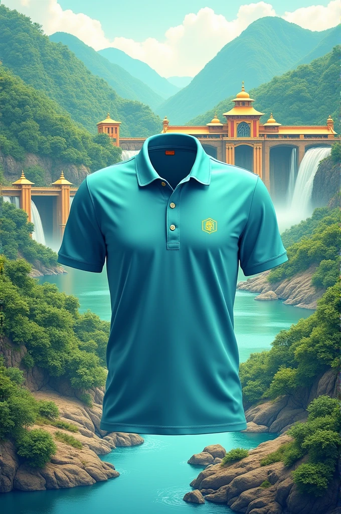The design of the polo shirt is blue-green. In the picture, there are tourist attractions, dams, and the tourism gate of the western region. The slogan is "Beautiful forest, clear water, big fish, kind-hearted people".