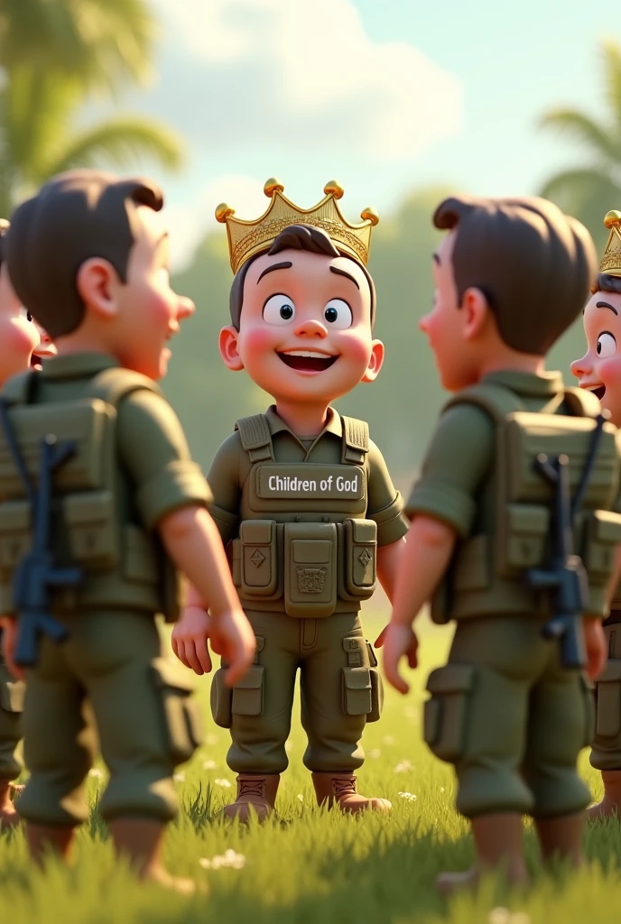 A 3D rendering of a group of soldiers with happy and has a soldier in the middle laughing and their eyes are not to the sides but straight. They are wearing bulletproof vests and have guns hanging on their backs, are having a friendly conversation and smiling. The middle soldier is wearing a crown with the phrase "Children of God" written on it, the phrase is very apparent without any writing defect. The background is a sunny landscape of grass, trees and a clear sky. The image has a realistic design with light and shadow effects.