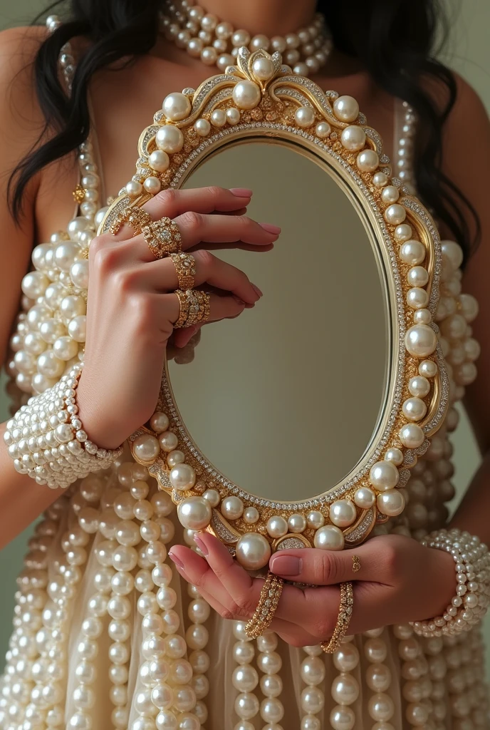 someone holding a mirror with perlas and a ring on it, perlas, collar de perlas, gold and perlas, real perlas, jewelry perlas, perlas and gold chains, perlas and chains, strings of perlas, perla japonesa simétrica, pearlescent, perlas and shells, opulent collar de perlas, blanco nacarado, gargantilla de perlas, gold and collar de perlass
