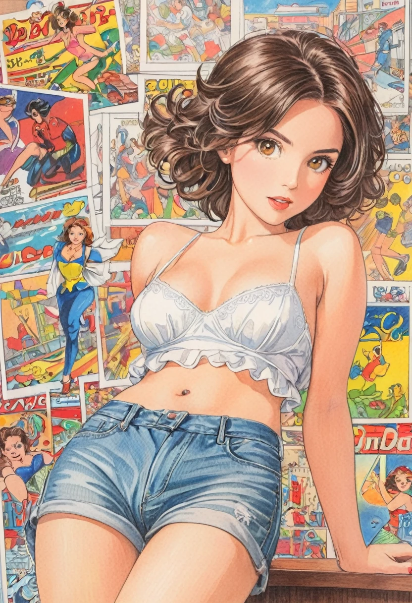  woman，Short camisole，white，art，advertisement，Colored pencil drawing，draft ，figure，Comic Collage