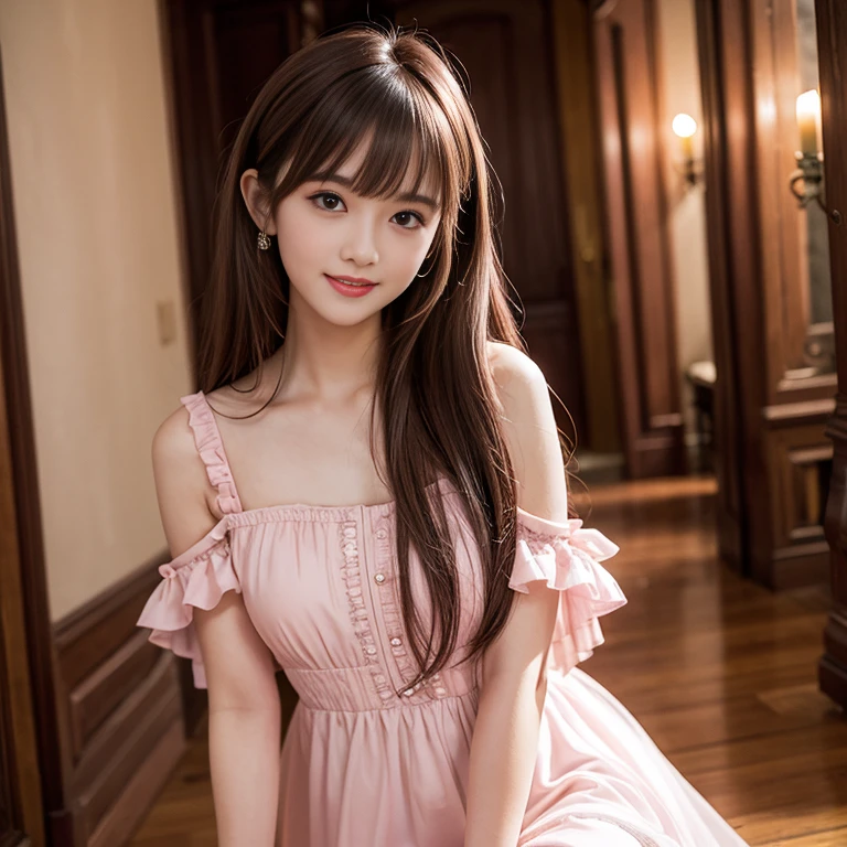 Wearing a pink gauze princess dress，in the castle，knee shot,laughing out loud，2，1 female, light brown hair, blunt bangs, hair behind ears, Shoulder length hair, long hair, Slender body type, 超face slimming型, face slimming