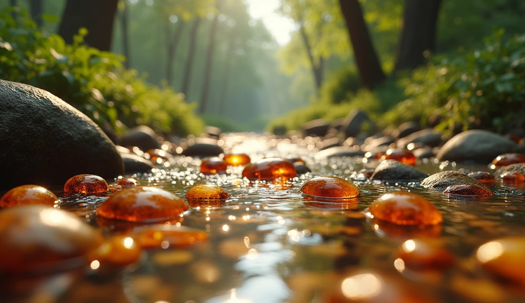 Panoramic front view,There are many amber stones in the stream(best quality,4K,8k,High level,masterpiece:1.2),Ultra Detailed,(lifelike,Photo real,Photo real:1.37)