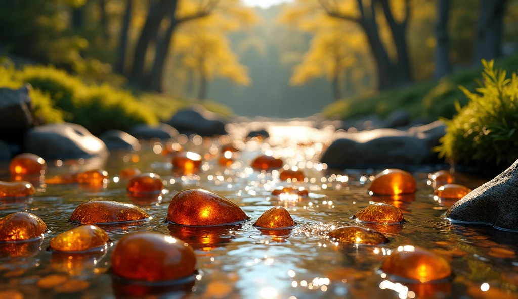 Panoramic front view,There are many amber stones in the stream(best quality,4K,8k,High level,masterpiece:1.2),Ultra Detailed,(lifelike,Photo real,Photo real:1.37)