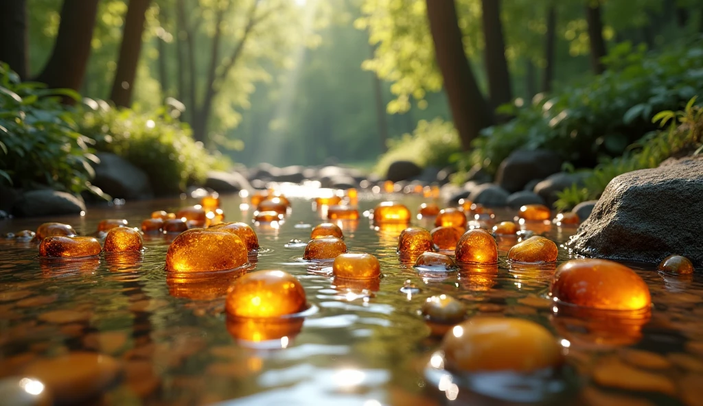 Panoramic front view，There are many amber stones in the stream（best quality，4K，8k，High level，masterpiece：1.2），Ultra Detailed，（lifelike，Photo real，Photo real：1.37）