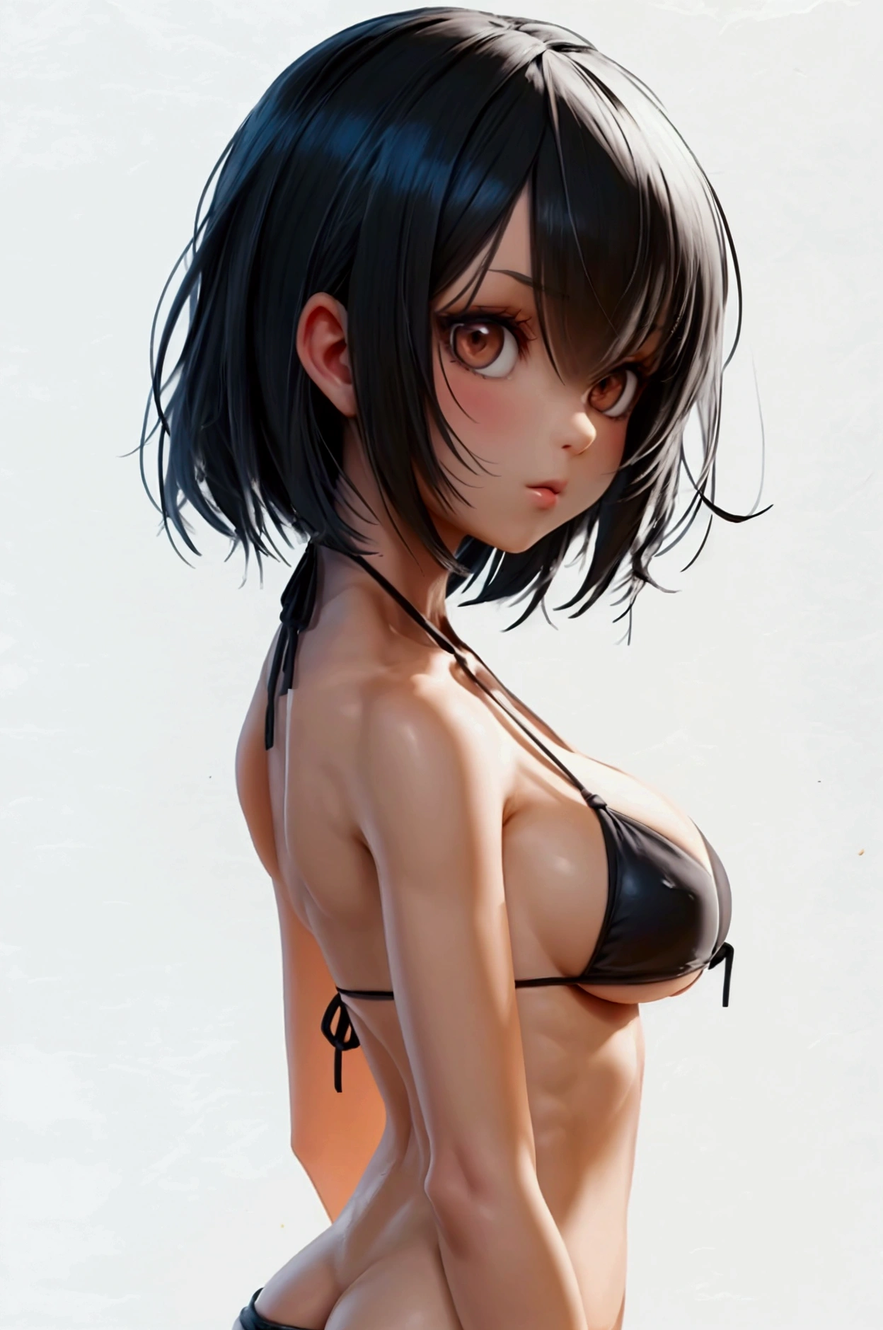 beautiful girl with no hair, no hairs on head, skin head , wearing bikini , student, +3 View prompt standing, 3 View Drawings, side and Front and back, Character Sheet, Full body, Simple white background, character reference sheet, Concept art, design sheet, Character Design, full body adoptable horizontal clear charcter style sheet
