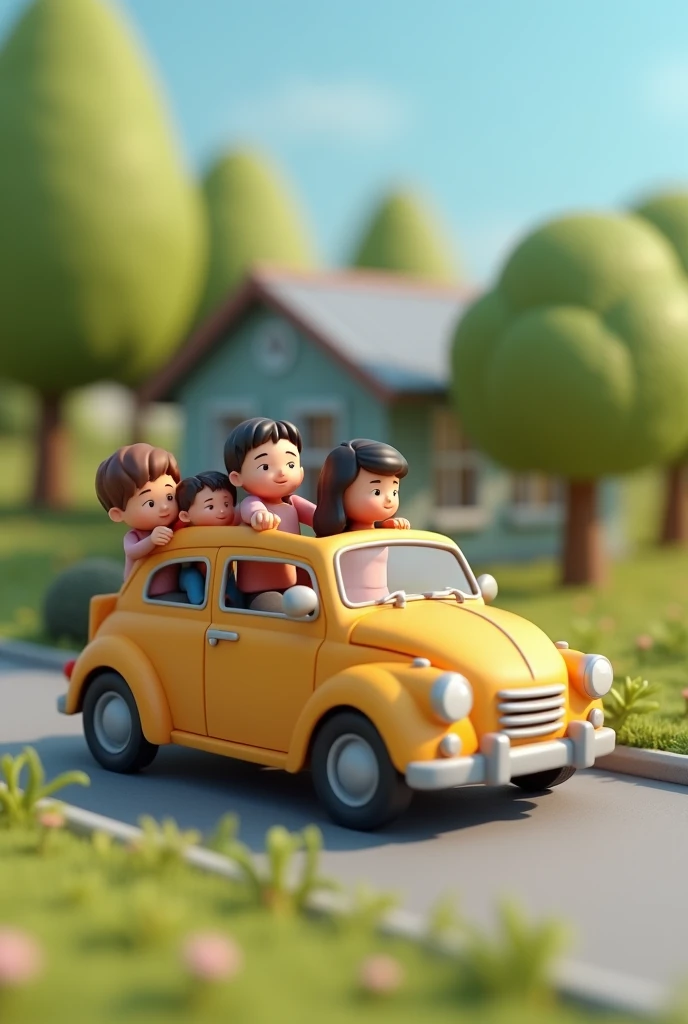 (masterpiece:1.2, best quality,Ultra-high resolution,Very detailed),8K,(wallpaper),(Reality:2.0),(RAW photos:2.0),(Plastic model:2.0),(A family of four traveling by car:2.0),(house，Trees，the way，Relaxed expression，Very simple design),(Isometric 3D perspective model),matte paint，sideways