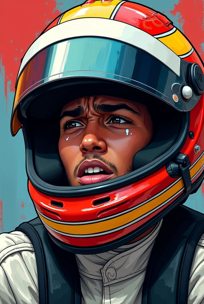 lewis hamilton when he teens, cying in helmet comic style painting art