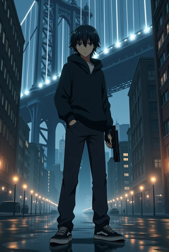 The image is anime style cowboy bebop and Darker than black with shadows and dim lights, anime style although somewhat adult and dark, It shows only one character, a 2 young man with black eyes., has medium-long hair, He is very serious and wears a thick sweater and pants., as well as black sneakers. He is standing holding a gun in his hands and pointing forward.. Behind him, You see a huge city with a huge bridge that goes to the sky.