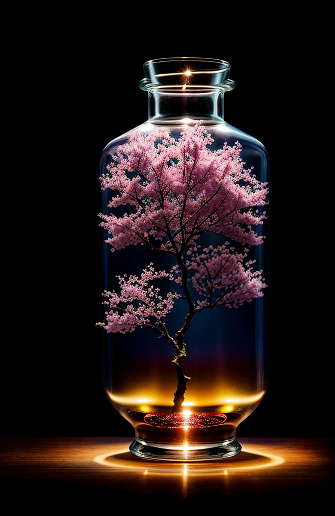 Cherry tree in a bottle, fluffy, realistic, atmospheric light refraction, photographed by lee jeffries, nikon d850 film Stock Photo 4 Kodak portra 400 camera f1.6 lens, rich colors, ultra realistic realistic textures, dramatic lighting, unreal engine trending on artstation cinestill 800, Style-Glass