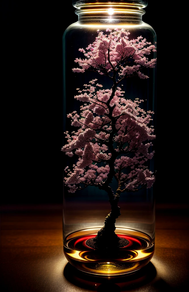 Cherry tree in a bottle, fluffy, realistic, atmospheric light refraction, photographed by lee jeffries, nikon d850 film Stock Photo 4 Kodak portra 400 camera f1.6 lens, rich colors, ultra realistic realistic textures, dramatic lighting, unreal engine trending on artstation cinestill 800, Style-Glass