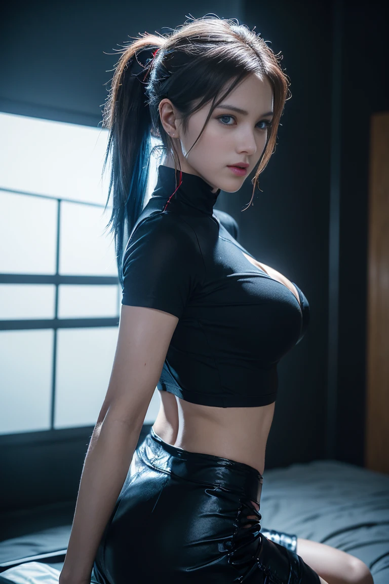 ((Quiet METAL GEAR SOLID V: THE PHANTOM PAIN)), masterpiece, best quality, ultra detailed, photo realistic, high resolution, best illustration, 1girl, golden hair, kneeling, sexy maid costume, short skirt, top-quality、Top image quality、masterpiece、girl with((18year old、Best Bust、Medium bust、Bust 85,Beautiful blue eyes、Breasts wide open,Black Short Sleeve T-Shirt、White see-through、Black short skirt、Ponytail with black hair、grin、Fashionable bags、Beautiful blue earrings、emphasis on the buttocks、A slender、Height 175cm,posterior view、Leaning forward、Blue hair mesh))hiquality、Beautiful Art、Background with((Inside the cinema、Red and blue lighting)),masutepiece、Elaborate design、visualart、depth of fields、The best lighting、highestdetailed、