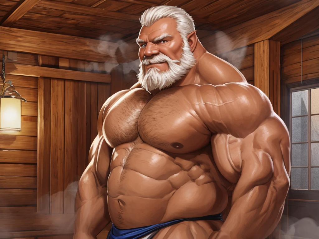 huge muscular old man (orc) soaking in an sauna, white and short hair, white beard, old, old man, grandpa, , huge scar on chest, , (huge muscular), steam, detailed muscles, 8k, masterpiece:1.2, hyperrealistic, white fundoshi:1.2, highly detailed full body, ((really big muscle, massive muscular, sixpack, thick arms, wide pectoral, super huge muscle, huge shoulder, hyper muscular, floating steam, over sized muscle, huge arms, big arms, huge pectoral)), rich colors, landscape, soft ambient lighting, wrinkled skin, happy expression, peaceful relaxation