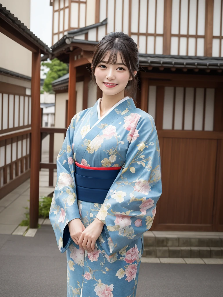 1girl, solo, highres, best_quality, masterpiece, detailed_background, intricate_details, beautiful, kanazawa, kanazawa_castle, historical, traditional_clothes, kimono, smile, looking_at_viewer, dynamic_pose, natural_pose, candid, happy