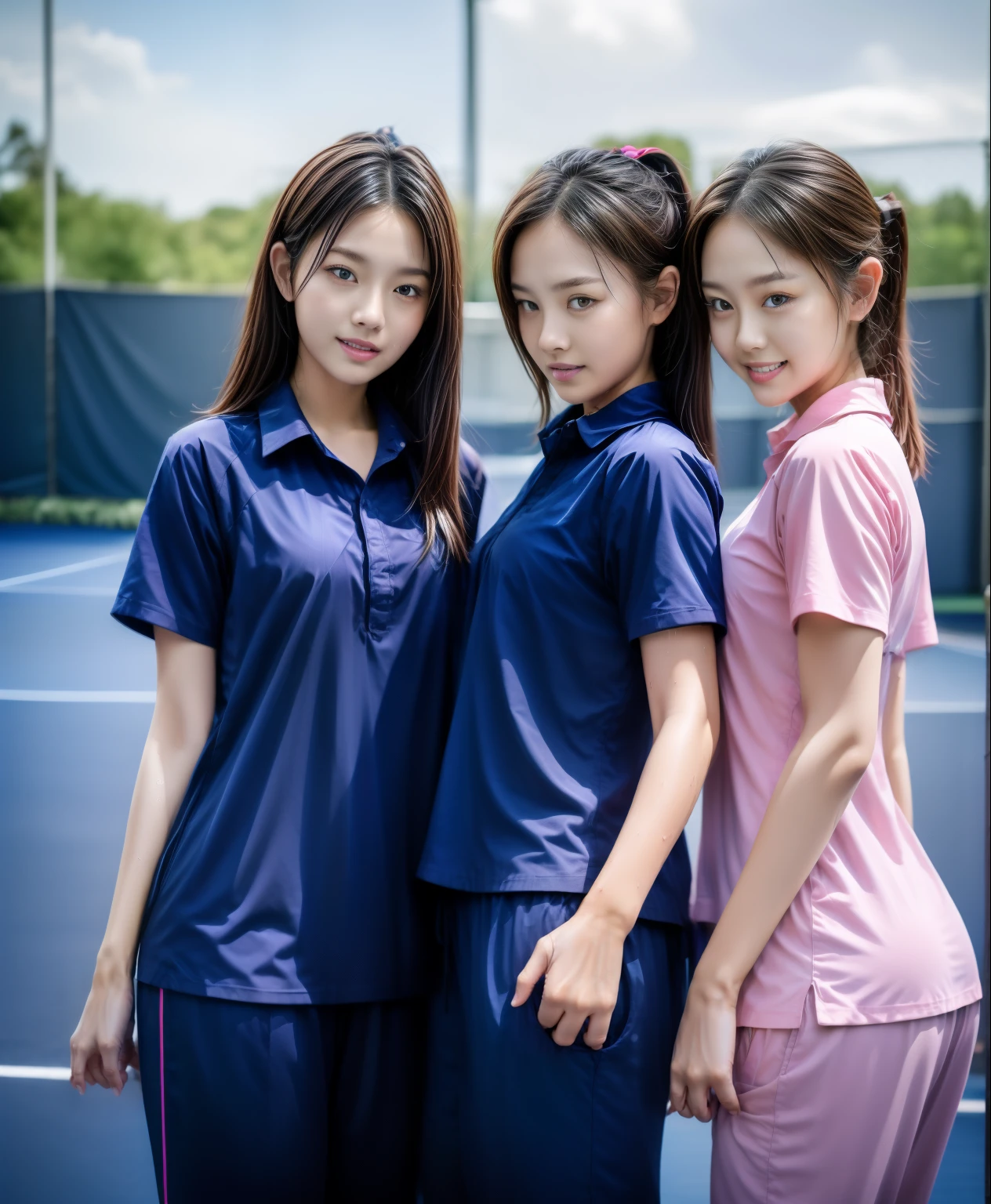 3 girls play tennis at tennis courts, Navy blue short-sleeved shirt,Navy Long Trackpant,Sweatpants, Sweatpantsขายาว,2 girl, lesbian, sexy, exercise clothes, wet body, exercise clothes