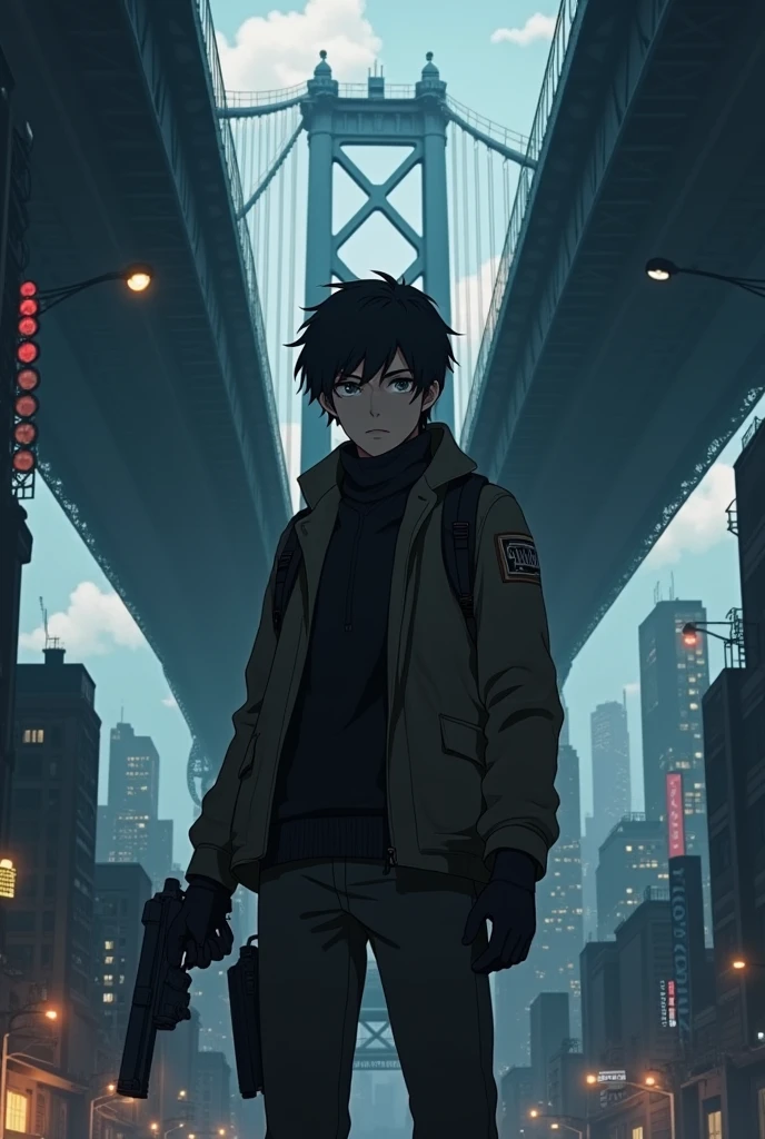 The image is anime style cowboy bebop and Darker than black with shadows and dim lights, anime style although somewhat adult and dark, It shows only one character, a 2 young man with black eyes., has medium-long hair, He is very serious and wears a thick sweater and pants.. He is standing holding a gun in his hands and pointing forward.. Behind him, You see a huge city with a huge bridge that goes to the sky.