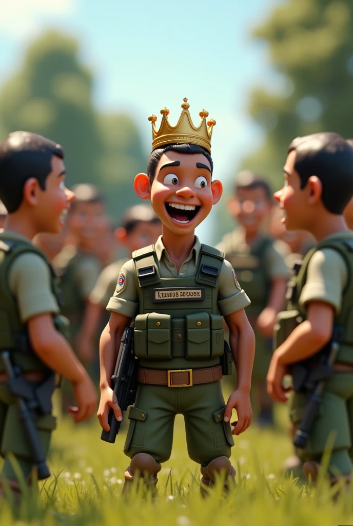 A 3D rendering of a group of soldiers with happy and has a soldier in the middle laughing and their eyes are not to the sides but straight. They are wearing bulletproof vests and have guns hanging on their backs, are having a friendly conversation and smiling. The middle soldier is wearing a crown with the phrase "Filhos de Deus" written on it, the phrase is very apparent without any writing defect. The background is a sunny landscape of grass, trees and a clear sky. The image has a realistic design with light and shadow effects.