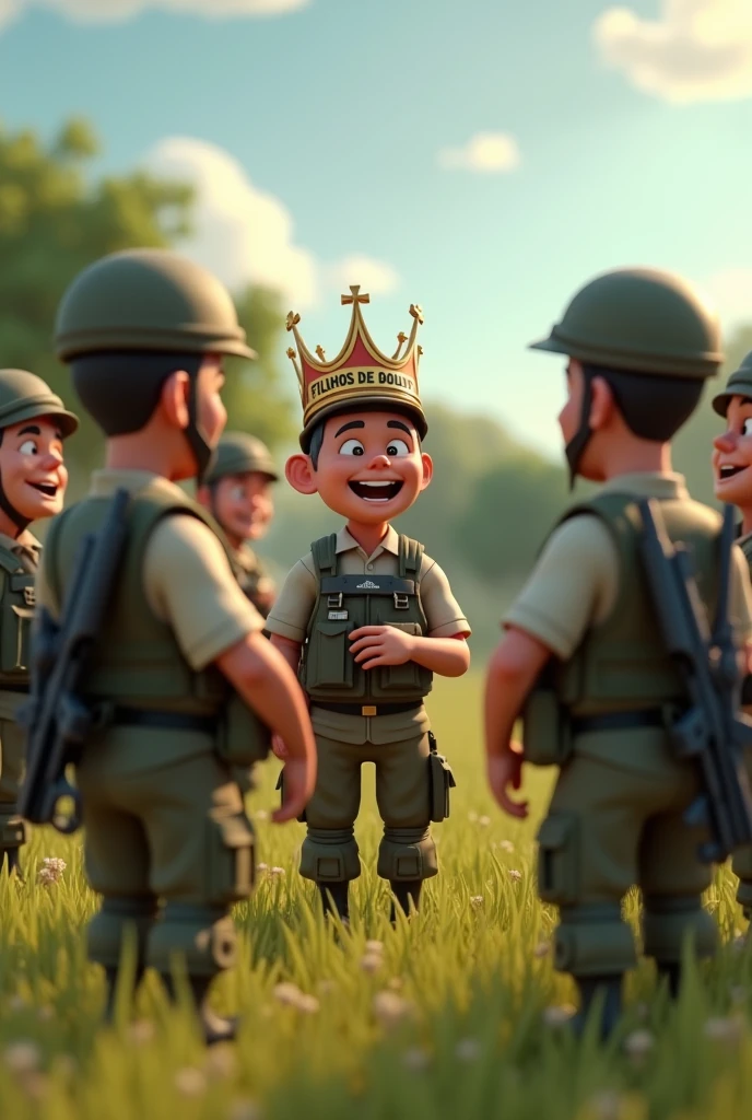 A 3D rendering of a group of soldiers with happy and has a soldier in the middle laughing and their eyes are not to the sides but straight. They are wearing bulletproof vests and have guns hanging on their backs, are having a friendly conversation and smiling. The middle soldier is wearing a crown with the phrase "Filhos de Deus" written on it, the phrase is very apparent without any writing defect. The background is a sunny landscape of grass, trees and a clear sky. The image has a realistic design with light and shadow effects.