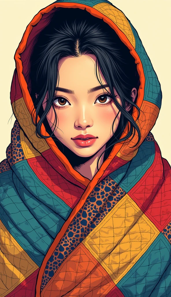 Close-up professional photo of a young woman wrapped in a colorful and warm quilt, Cel Shading, Bold outline, Flat Color, Sharp Shadow, Graphic Style, (Manga influence:1.3), Beautiful line drawing, Impressive visuals,comics