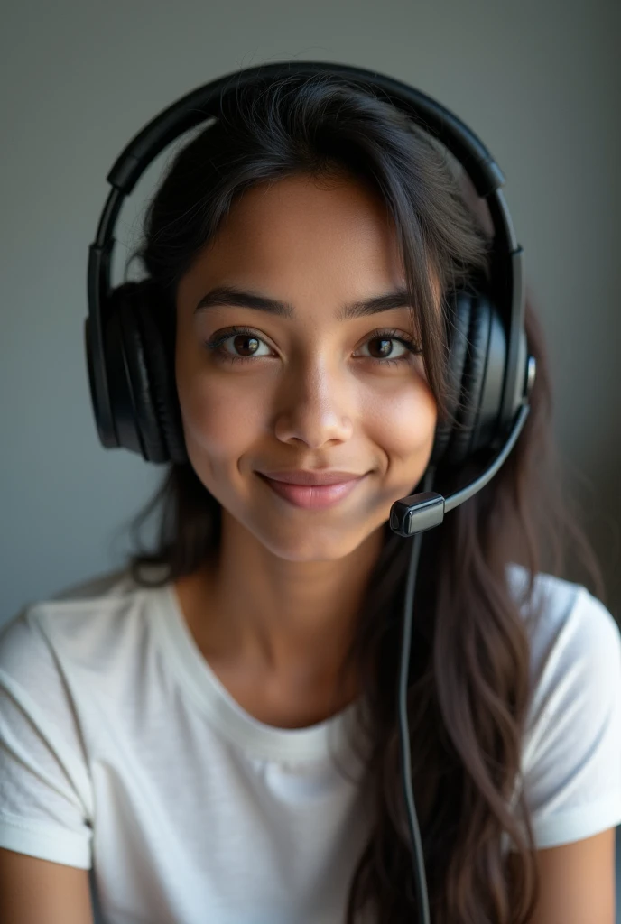 Beautiful indian Telugu girl with gaming headset and white t shirt and normal eye brows without makeup that girl age 24